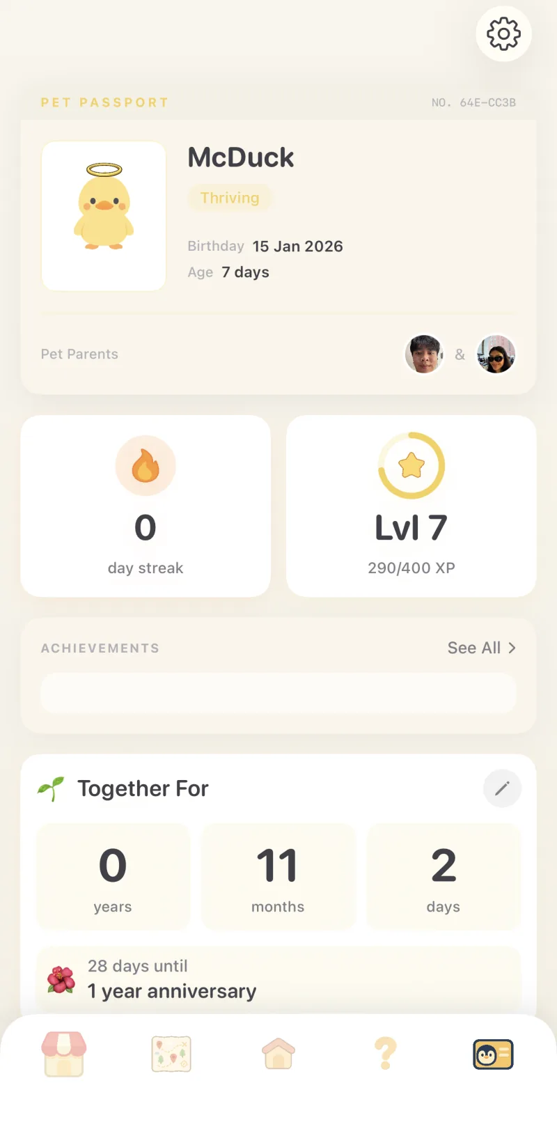 Waddle pet passport showing streak, level and time together