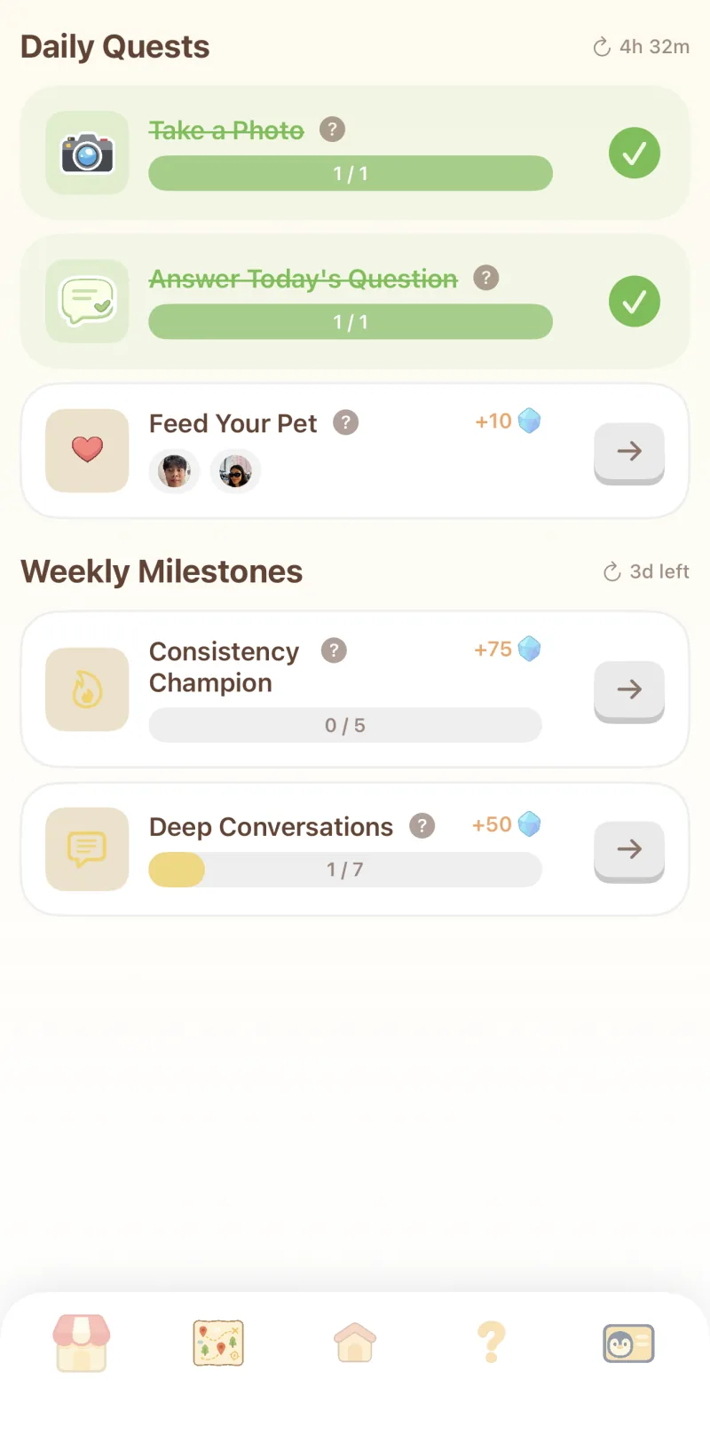 Waddle daily quests and weekly milestones screen