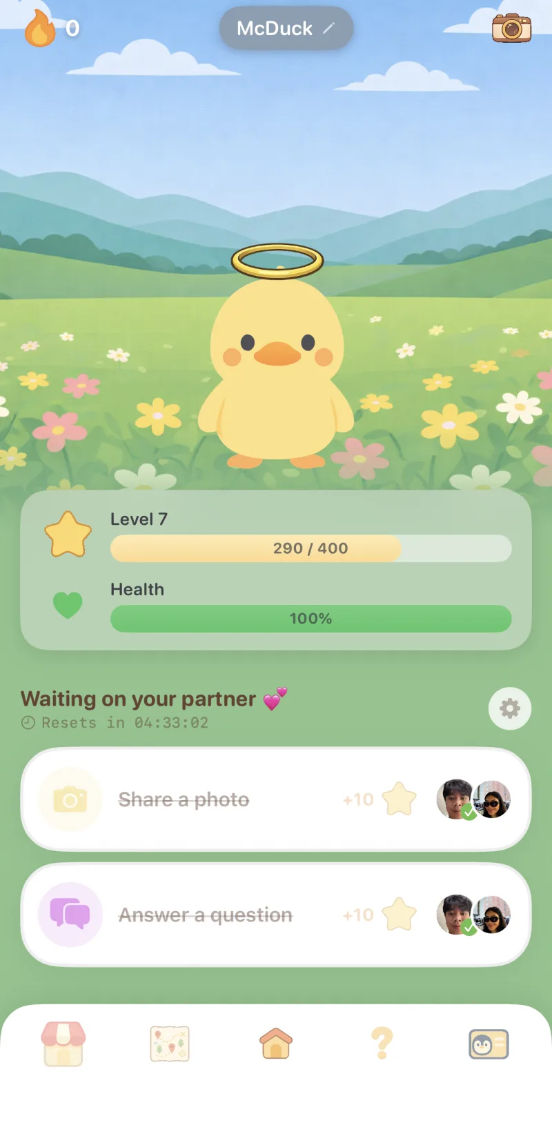 Waddle home screen showing the day's shared tasks